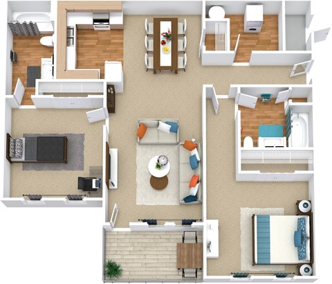 Floor plan for 2 beds, 2 baths, 975 sqft